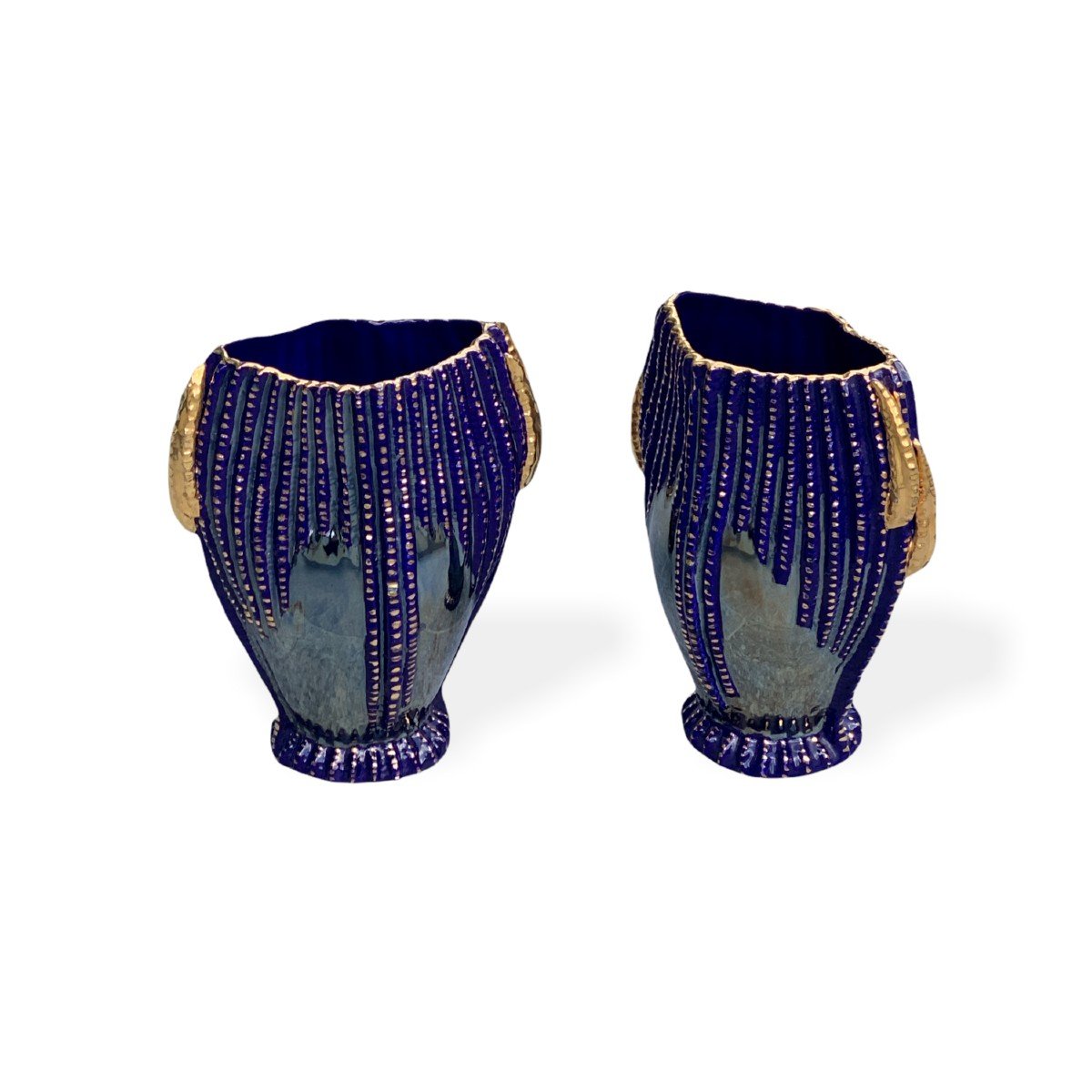 Pair De Vases En Blue Porcelaine Et Lustre, XXe Siecle-photo-2