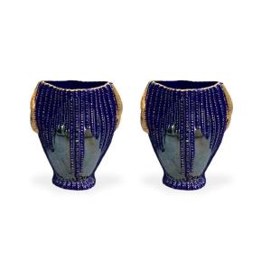 Pair De Vases En Blue Porcelaine Et Lustre, XXe Siecle