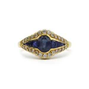 18k Yellow Gold Art Deco Cocktail Ring Set With Sapphire And Diamonds