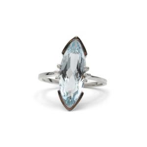 1950s Marquise Aquamarine Solitaire Ring In 18k White Gold