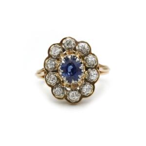 Vintage 18k Yellow Gold Ring Set With Sapphires And Old Mine Cut Diamonds
