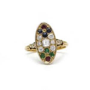 Victorian Navette Ring In 18k Yellow Gold Set With Diamonds, Sapphires, Emeralds And Rubies