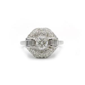 French Art Deco Ring In 18k White Gold Set With Baguette And Round Diamonds