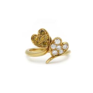 18k Yellow Gold Double Heart Ring Set With White And Yellow Diamonds