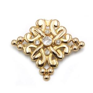 Antique Fleur-de-lis Brooch In 18k Yellow Gold Set With Old European Cut Diamond