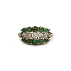 Antique Yellow Gold Ring Set With Emeralds And Old-cut Diamonds