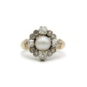 Antique 19th Century Ring - Yellow Gold, Old-cut Diamonds And Pearl