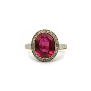 Ring - Yellow And White Gold, Synthetic Ruby And Diamonds