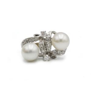 Retro Cocktail Ring In 18k White Gold, Pearls And Diamonds