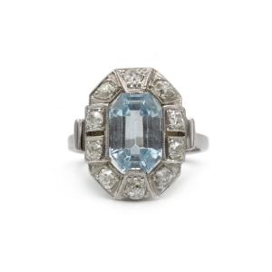 Art Deco Ring - Platinum - Aquamarine And Diamonds
