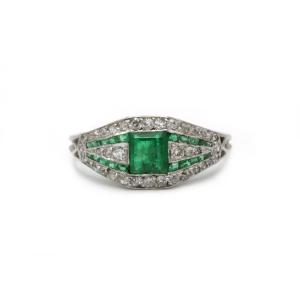 Art Deco Ring, Emeralds And Diamonds, Platinum