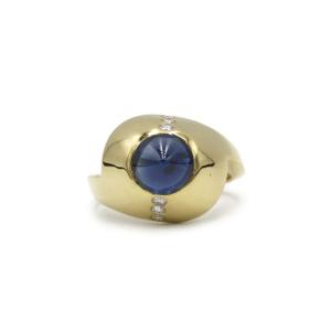 70's Ring In 750 Yellow Gold With Diamonds And Sapphire Cone 