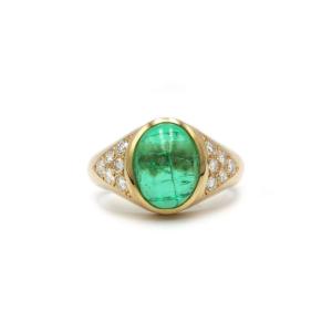 750 Yellow Gold Ring, Diamonds And Colombian Emerald Cabochon Approximately 3 Carats