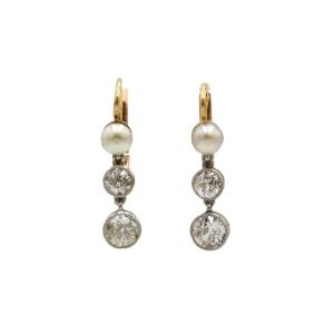 750 Rose Gold Earrings With Old-cut Diamonds And Pearls