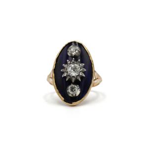 750 Yellow Gold Ring With Blue Lacquer And Old-cut Diamonds