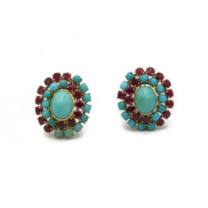 Earrings, 1950s, 18k Yellow Gold, Rubies And Turquoise