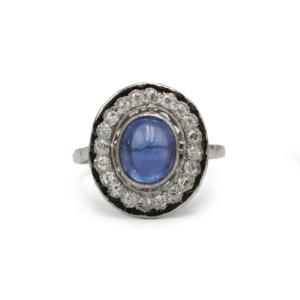 Art Deco Ring In Platinum, Cabochon Sapphire, Onyx And Diamonds 