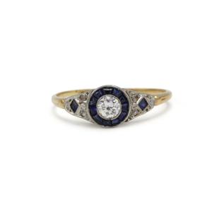 18k Gold Art Deco Ring With Old-cut Diamonds And Calibrated Sapphires