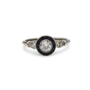 Platinum Ring, Art Deco Style, Old-cut Diamonds, Calibrated Sapphires