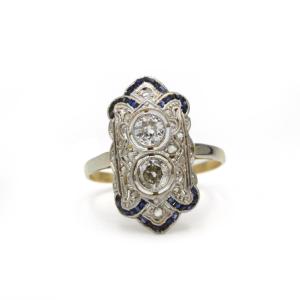 Art Deco Ring In 18k Gold With Calibrated Diamonds And Sapphires 
