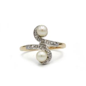 Art Nouveau Toi Et Moi Ring With Pearls And Rose-cut Diamonds, 750 Yellow Gold And Platinum
