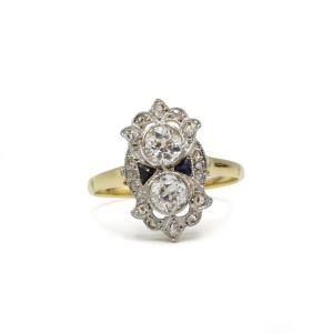 Art Deco Ring In 18k Gold With Calibrated Diamonds And Sapphires 