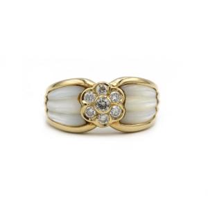 750 Yellow Gold Band Ring With Rock Crystal And Diamonds
