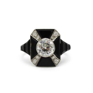 Platinum, Onyx And Diamond Art Deco Geometric Ring