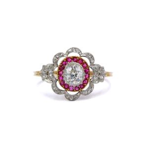 Antique Cocktail Ring In 750 Gold And Platinum, Diamonds And Rubies