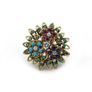 Brooch In Yellow Gold 750 Diamonds, Rubies, Emeralds, Sapphires And Turquoise