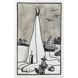 Pierre Castagnez, African Village, Gouache