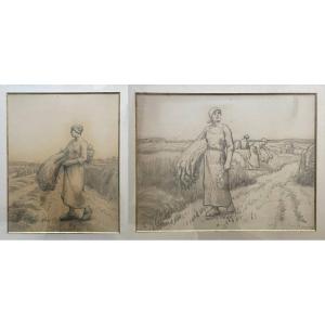 Aimé Perret, The Harvest, Pair Of Charcoal Drawings