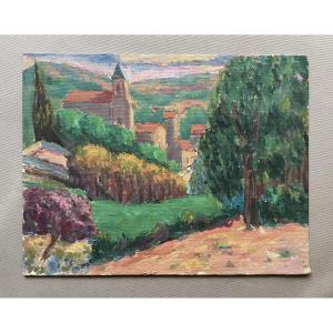 Village View, Oil On Cardboard