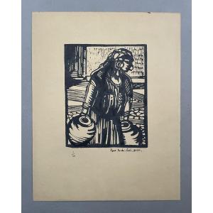 The Pitcher Carrier, Engraved Wood, Signed Paul André Coste