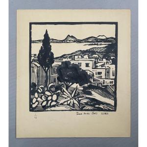 Mediterranean Village, Wood Engraving Signed Paul André Coste