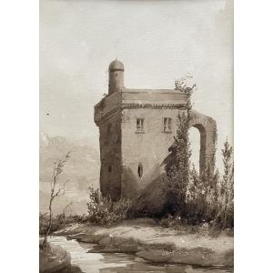 Square Tower, Brown Ink Wash