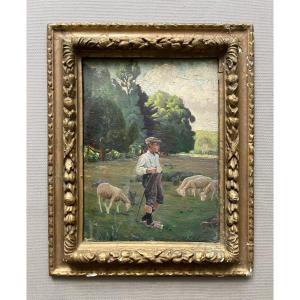 Young Shepherd, Oil On Cardboard, Early 20th Century