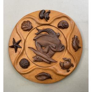 Max Meder, Large Wooden Tray Carved On A Seabed Theme