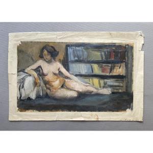 Raoul Domenjoz, Nude Woman On A Sofa, Oil On Paper