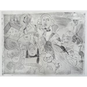 Characters And Animals, Drypoint, Artist To Be Identified