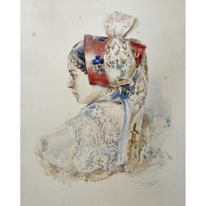 Profile Of A Young Woman, Eastern School, Watercolor, Signature To Be Identified