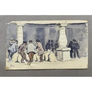 René Olivier, Group Of Men, Monogrammed Watercolor
