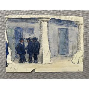  René Olivier, Group Of Men, Monogrammed Watercolor