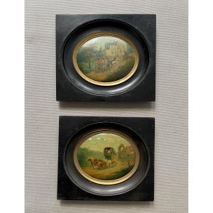 Carriages, Pair Of Miniature Paintings On Wood Panel