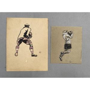 Rugby Players, Two Drawings, Monogram To Be Identified