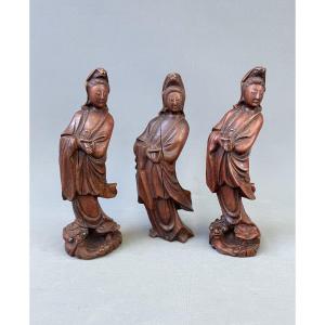 Set Of Three Carved Wooden Chinese Guanyin Figures