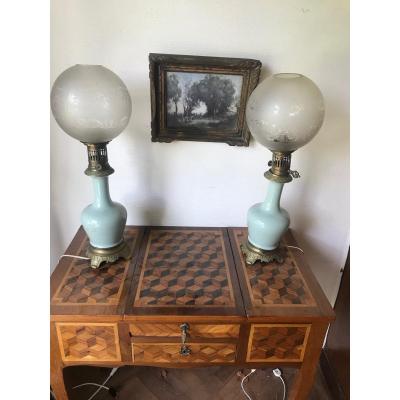 Pair Of XIXth Opaline Oil Lamps