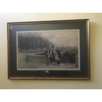 Framed Drawing Scène Galante 19th Signed Jalabert