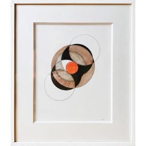 Geometric Abstraction, Drawing Signed, Dated, Pencil, Red, Black, Green, Gray, Sepia Ink