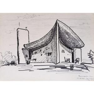Felt-tip Drawings After Le Corbusier, Notre-dame Du Haut Ronchamp Chapel Listed By Unesco